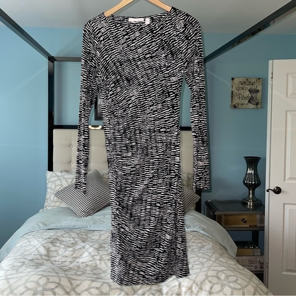 HUGO BOSS Ejay Print Black Fantasy Printed DayDress Boatneck Ruched Bodice Small - Picture 5 of 8